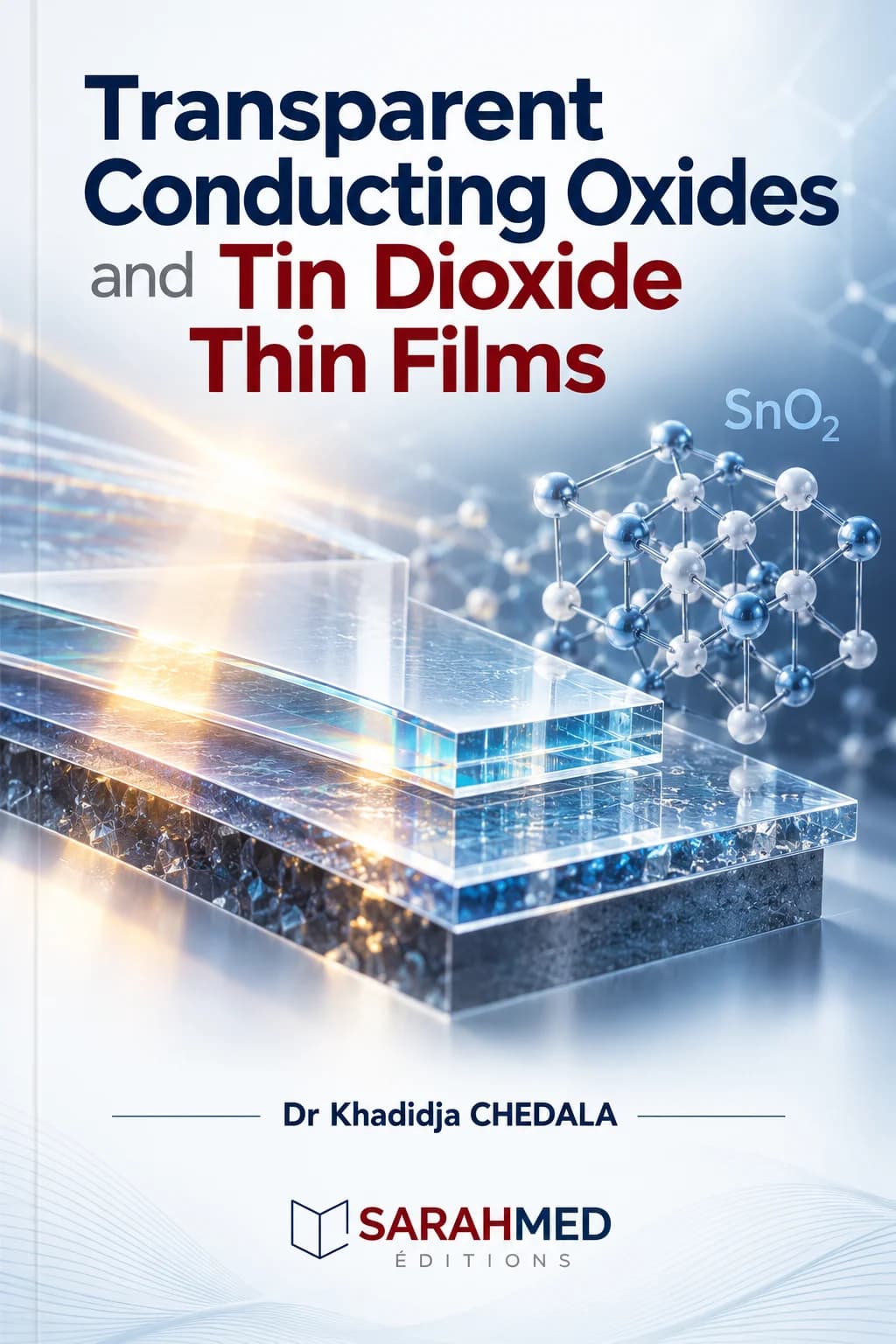 Couverture du livre Transparent Conducting Oxides and Tin Dioxide Thin Films de Dr Khadidja CHEDALA, publié par SARAHMED Éditions. Sur un fond bleu et blanc, plusieurs couches minces transparentes superposées réfléchissent des faisceaux lumineux. À droite, une représentation schématique d’un réseau cristallin accompagne la formule SnO₂. Le titre apparaît en bleu marine et rouge foncé. Le nom de l’autrice et le logo de l’éditeur figurent en bas.