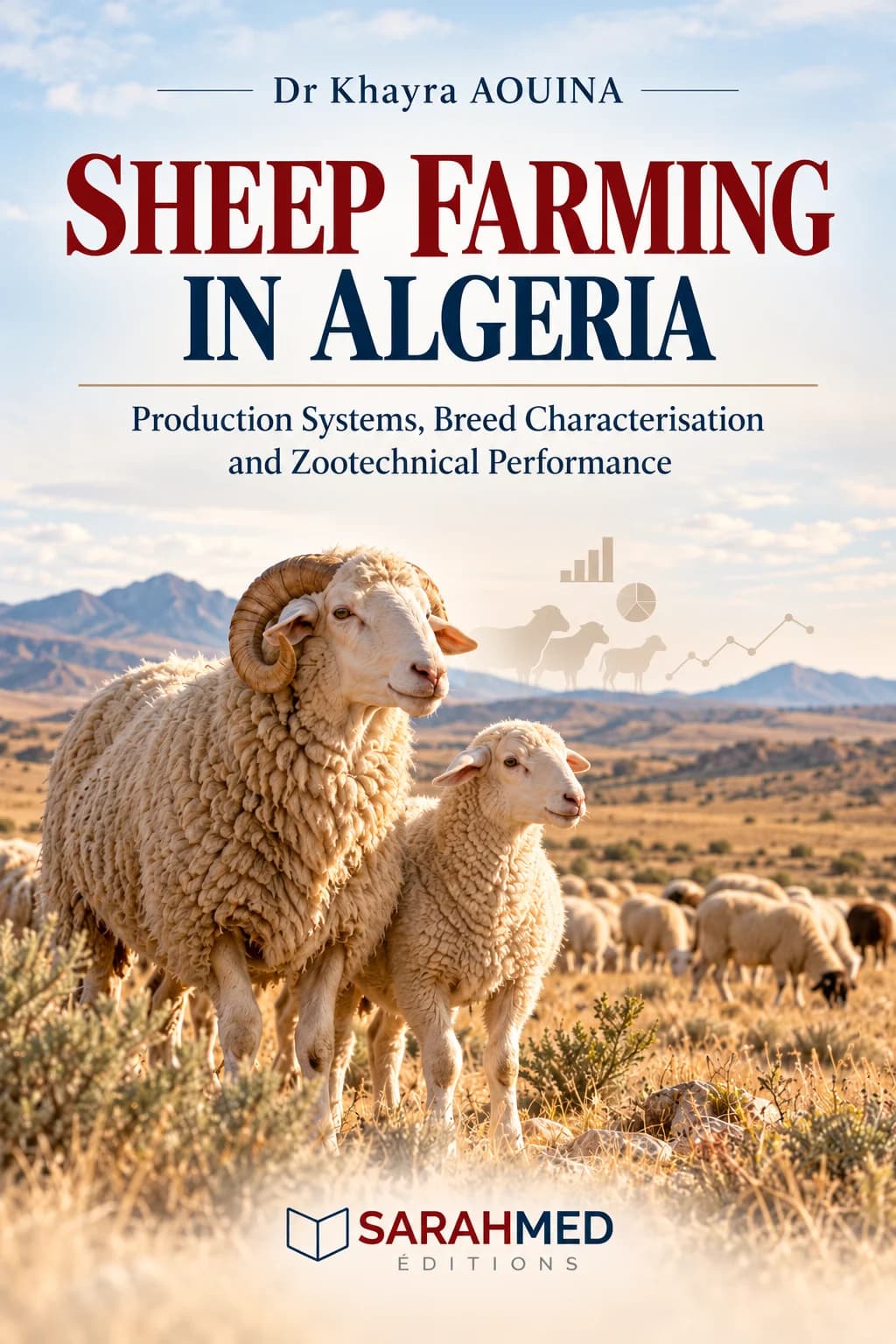 Cover of Sheep Farming in Algeria by Dr Khayra AOUINA. Against a semi-arid landscape with hills and a flock of sheep, a ram with curled horns stands beside a lamb. The title appears in large dark-red letters at the top, followed by the subtitle “Production Systems, Breed Characterisation and Zootechnical Performance”. The SARAHMED Éditions logo is positioned at the bottom.