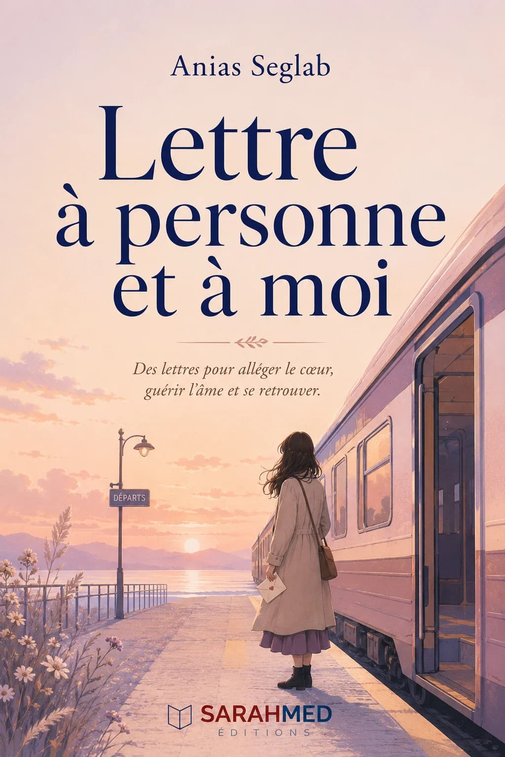 Couverture du livre « Lettre à personne et à moi » d’Anias Seglab, dans des tons beige et bleu doux. Une tasse de café, des lettres manuscrites attachées par une ficelle et un stylo reposent près d’une fenêtre ouverte sur un coucher de soleil. Des ombres végétales et un voilage léger créent une atmosphère intime et apaisante, évoquant l’écriture, les émotions, la guérison intérieure et le retour à soi.