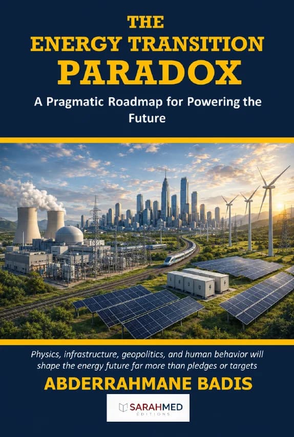 Front cover of The Energy Transition Paradox: A Pragmatic Roadmap for Powering the Future by Abderrahmane Badis. The cover features a modern city surrounded by nuclear power facilities, wind turbines, solar panels, electricity infrastructure, and a railway. The dark-blue and gold design emphasizes the book’s focus on energy systems and the future of power. A subtitle highlights physics, infrastructure, geopolitics, and human behavior as key factors shaping the energy future.