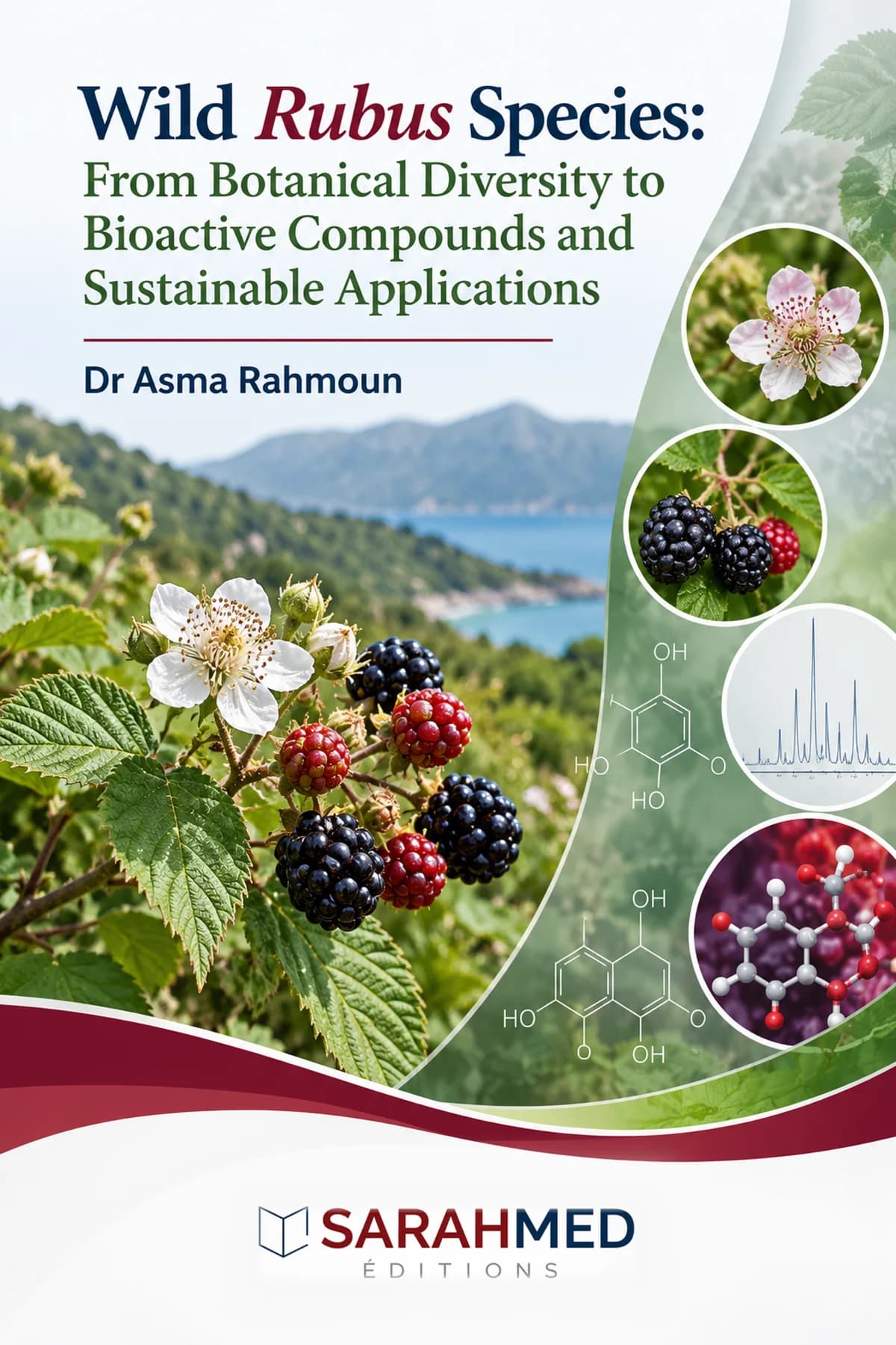 Front cover of Wild Rubus Species: From Botanical Diversity to Bioactive Compounds and Sustainable Applications by Dr Asma Rahmoun. A photograph of wild blackberry canes shows green leaves, white flowers, and fruits at different ripening stages against a mountainous landscape. Circular images depict a flower, berries, an analytical spectrum, and a molecular model. Botanical green and burgundy shapes frame the design, with the SARAHMED Éditions logo at the bottom.