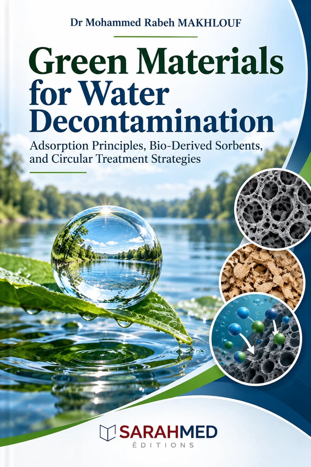 Front cover of the scientific book Green Materials for Water Decontamination by Dr Mohammed Rabeh MAKHLOUF. The design features a clear blue lake, green vegetation and a water droplet resting on a leaf, suggesting clean water and sustainability. Three circular scientific images on the right evoke porous sorbent materials, biomass and adsorption mechanisms. The title appears in dark green and blue, with the SARAHMED Éditions logo at the bottom