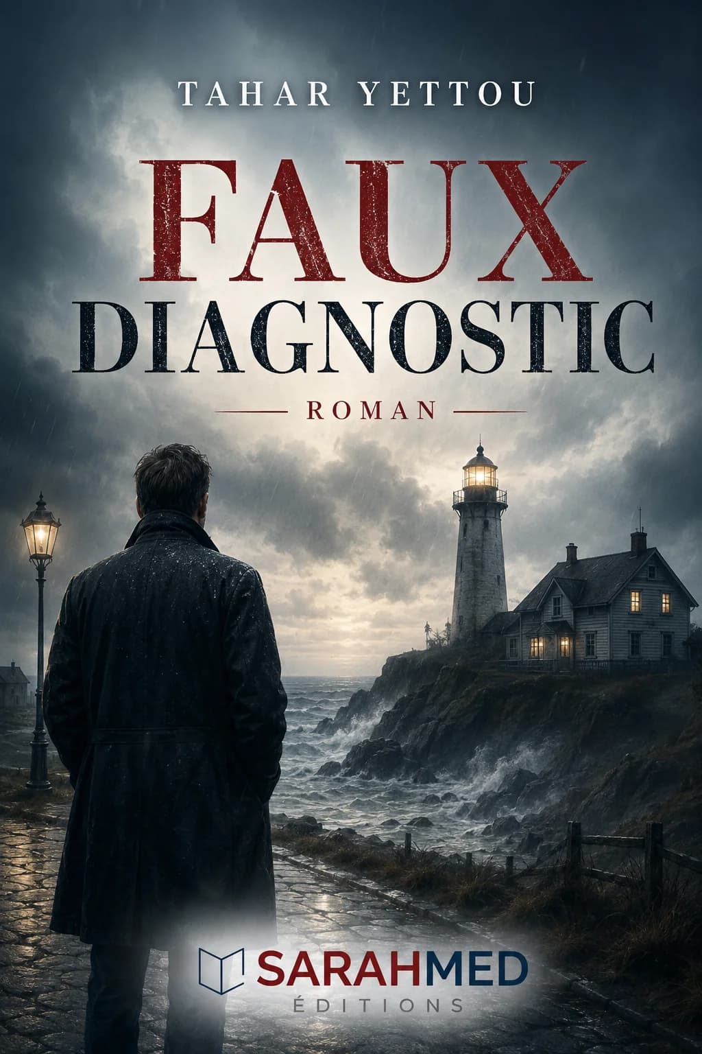 Couverture du roman Faux Diagnostic de Tahar Yettou. Dans une atmosphère sombre et mystérieuse, un homme de dos, vêtu d’un long manteau noir, se tient face à une côte rocheuse battue par les vagues. Un phare et une maison isolée apparaissent sous un ciel orageux, évoquant le suspense et l’enquête policière. Logo Sarahmed Éditions en bas.