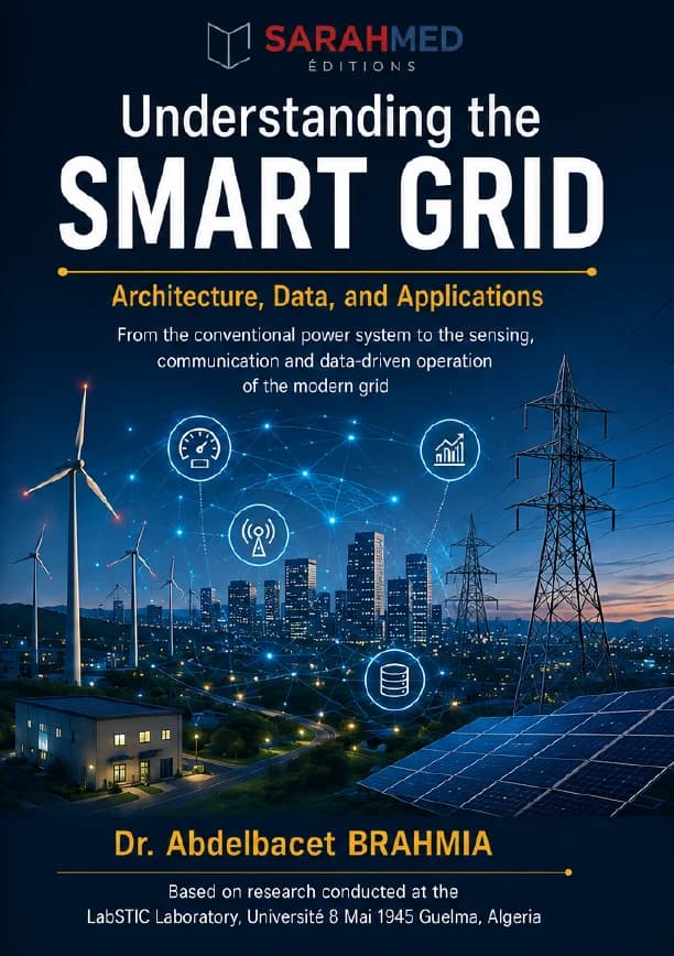 Book cover for “Understanding the Smart Grid: Architecture, Data, and Applications” by Dr. Abdelbacet Brahmia. A modern city at dusk is connected by a glowing digital network, surrounded by wind turbines, electricity pylons and solar panels. Smart grid icons represent metering, communication, data storage and analytics, illustrating the transition toward an intelligent, connected and data-driven power system.