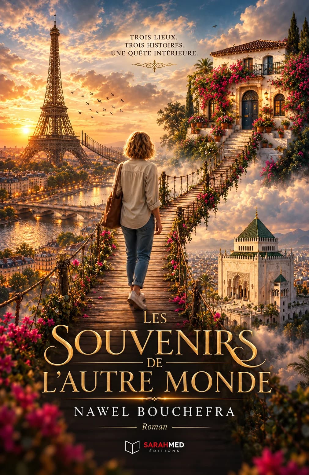 Couverture du roman Les Souvenirs de l’autre monde de Nawel Bouchefra. Une jeune femme vue de dos avance sur une passerelle fleurie suspendue entre trois univers : Paris et la tour Eiffel à gauche, une demeure méditerranéenne en hauteur et une ville nord-africaine avec une mosquée à droite. Une lumière de coucher de soleil enveloppe la scène, évoquant voyage, mémoire et quête intérieure.