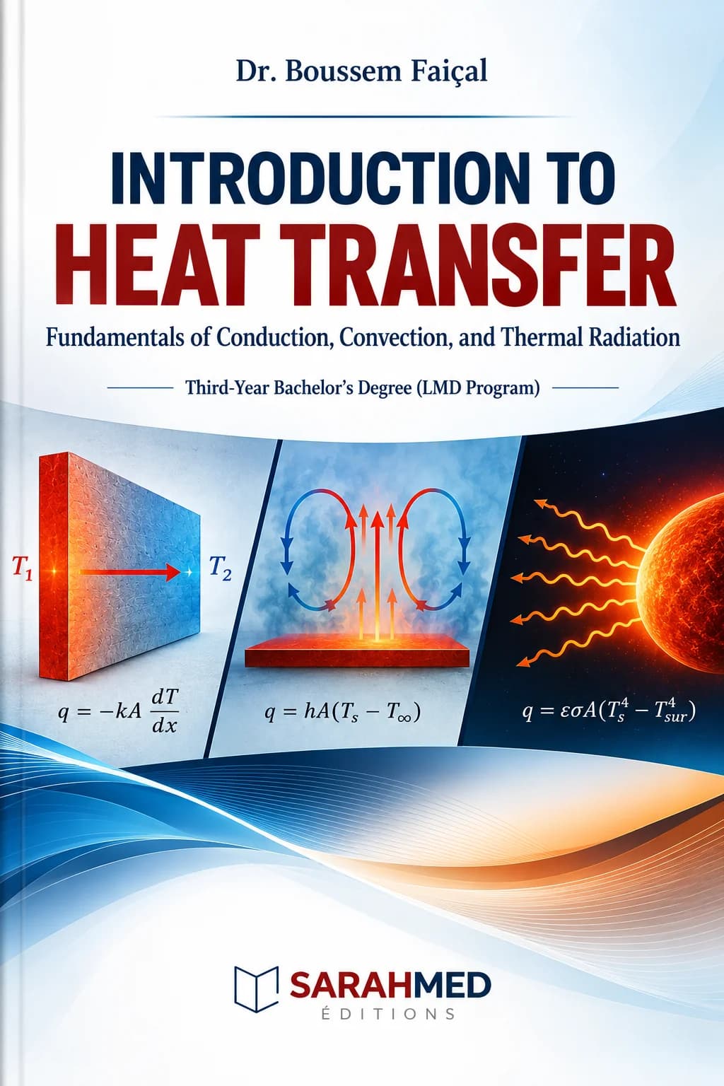 Front cover of Introduction to Heat Transfer by Dr. Boussem Faiçal, subtitled Fundamentals of Conduction, Convection, and Thermal Radiation. Three illustrated panels show heat conduction through a solid block, convection above a heated plate, and thermal radiation from a glowing sphere. Blue and orange wave motifs appear at the bottom, above the SARAHMED Éditions logo. The cover identifies the book as intended for third-year bachelor's degree students (LMD Program).