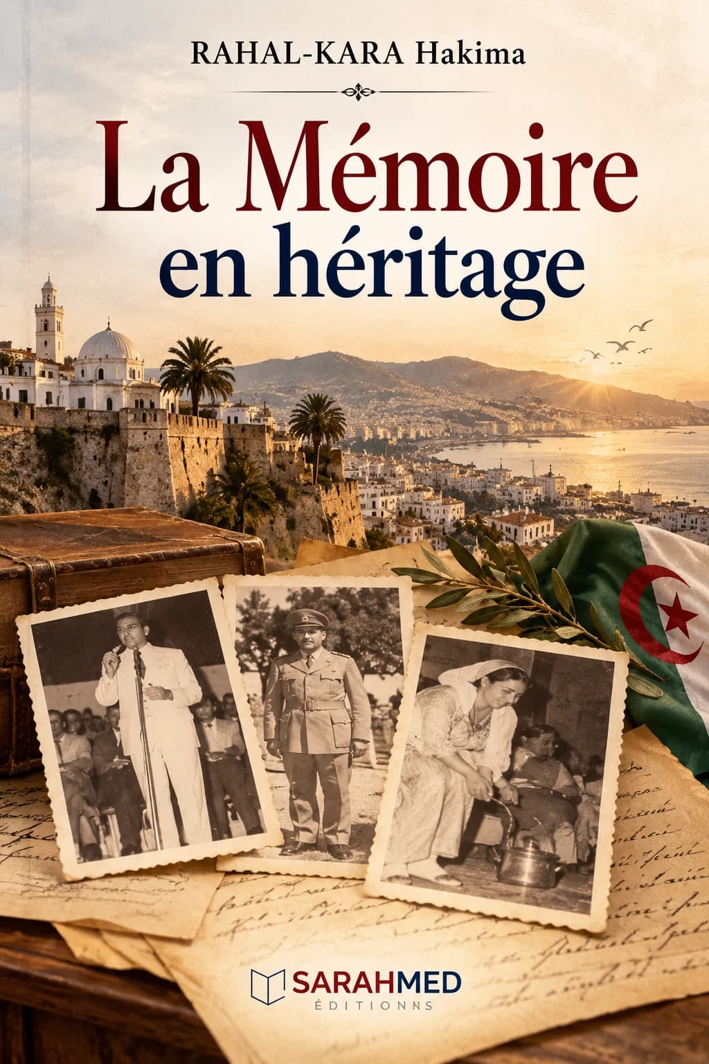Couverture du livre La Mémoire en héritage de RAHAL-KARA Hakima. Sur fond sépia évoquant l’Algérie, une vue côtière ancienne est associée à trois photographies familiales en noir et blanc, à des lettres manuscrites, une valise, un rameau d’olivier et au drapeau algérien. L’ensemble évoque la transmission familiale, la mémoire, l’histoire et l’héritage entre générations. Éditions SARAHMED.