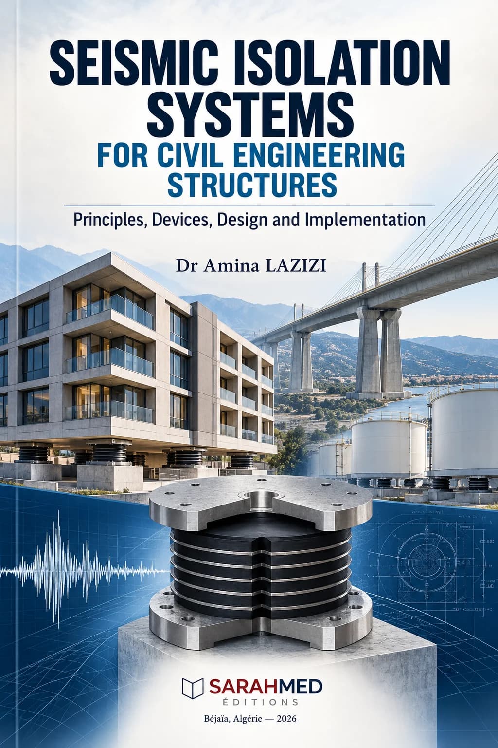 Blue-and-white book cover showing a building on seismic isolators, a cable-stayed bridge and industrial storage tanks against mountains. A large black laminated elastomeric bearing between metal plates appears in the foreground, over technical blueprints and a seismic waveform. The cover displays “Seismic Isolation Systems for Civil Engineering Structures”, the subtitle “Principles, Devices, Design and Implementation”, Dr Amina LAZIZI and the SARAHMED Éditions logo.