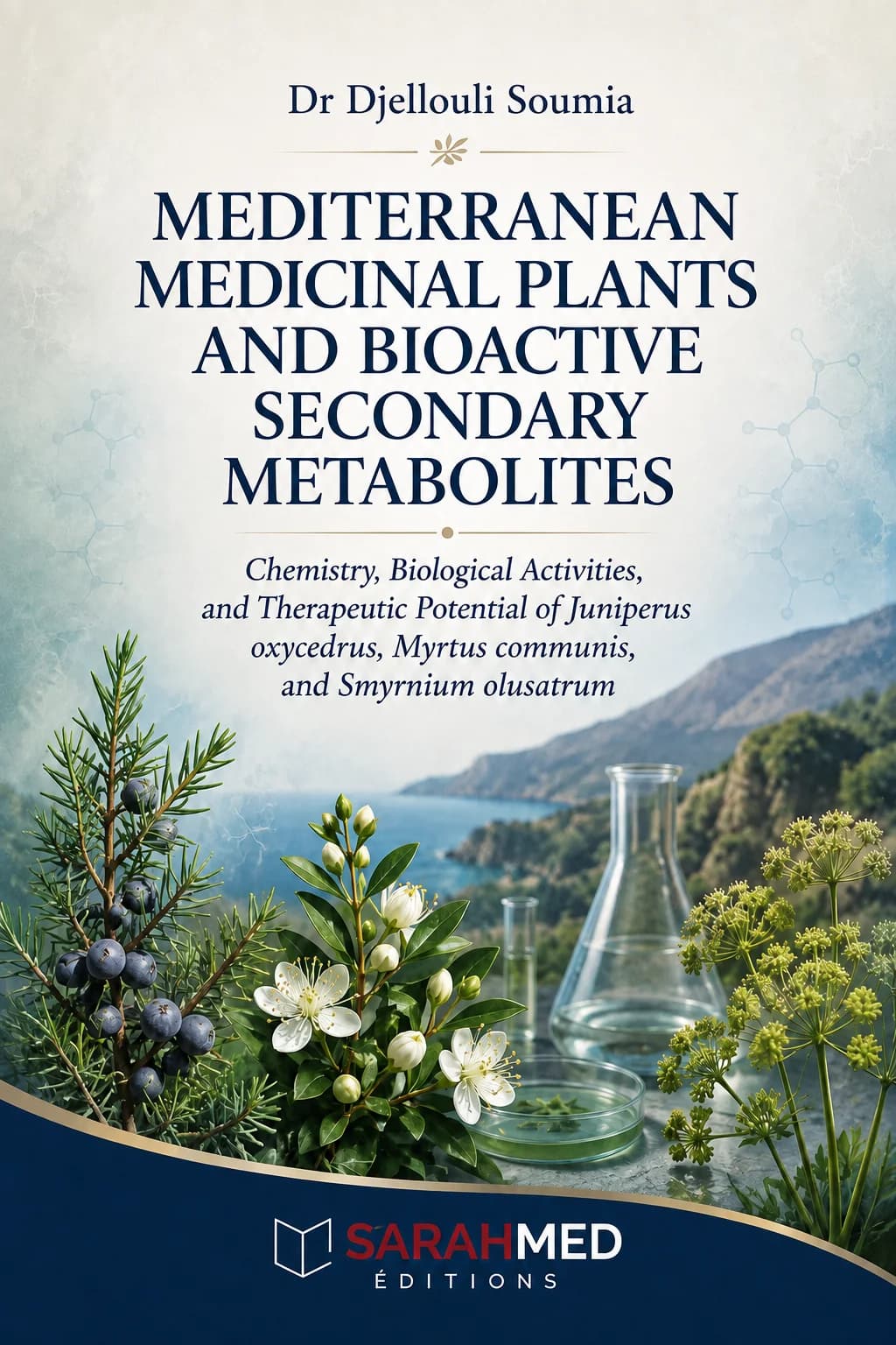 Couverture scientifique illustrant trois plantes médicinales méditerranéennes — Juniperus oxycedrus, Myrtus communis et Smyrnium olusatrum — devant un paysage côtier méditerranéen. Des flacons et du matériel de laboratoire évoquent l’étude de leurs métabolites secondaires, activités biologiques et potentiel thérapeutique. Palette bleu, vert et blanc, avec le logo Sarahmed Éditions en bas.