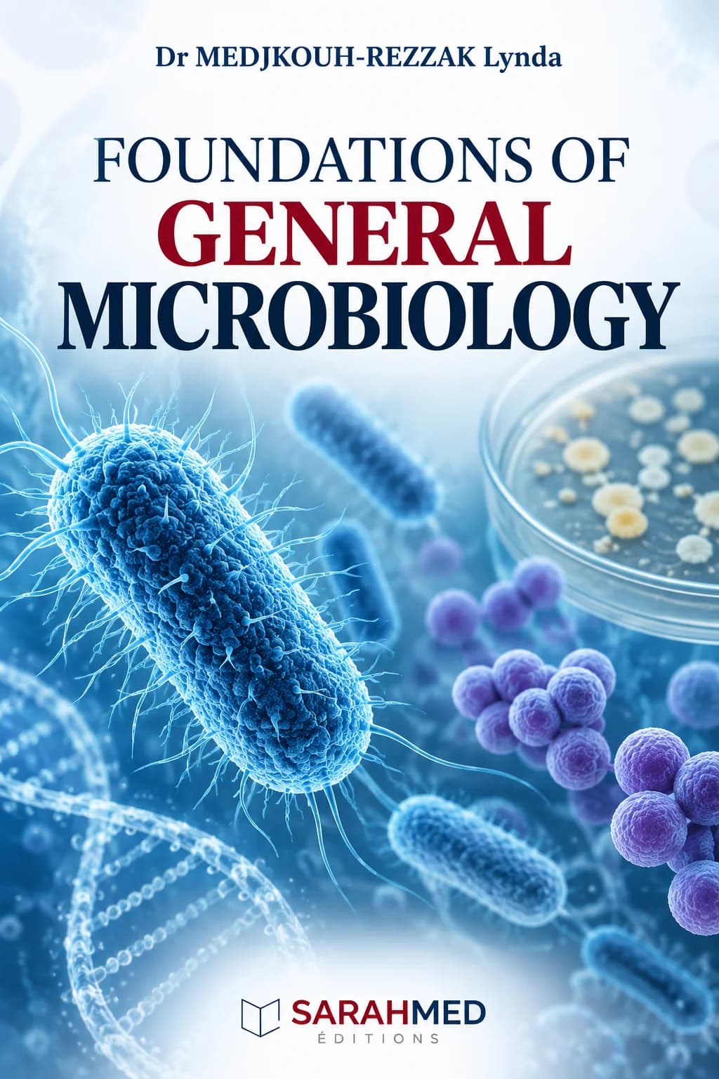 Blue-toned scientific cover for “FOUNDATIONS OF GENERAL MICROBIOLOGY”. The upper area shows the author name, Dr MEDJKOUH-REZZAK Lynda. The central composition features enlarged blue bacterial cells, purple cocci, a Petri dish with cream-colored colonies, and a faint DNA double helix, evoking microbiology, laboratory culture, and microbial genetics. The title appears in large navy and red capitals, with the SARAHMED Éditions logo centered at the bottom on a light blue background setting.
