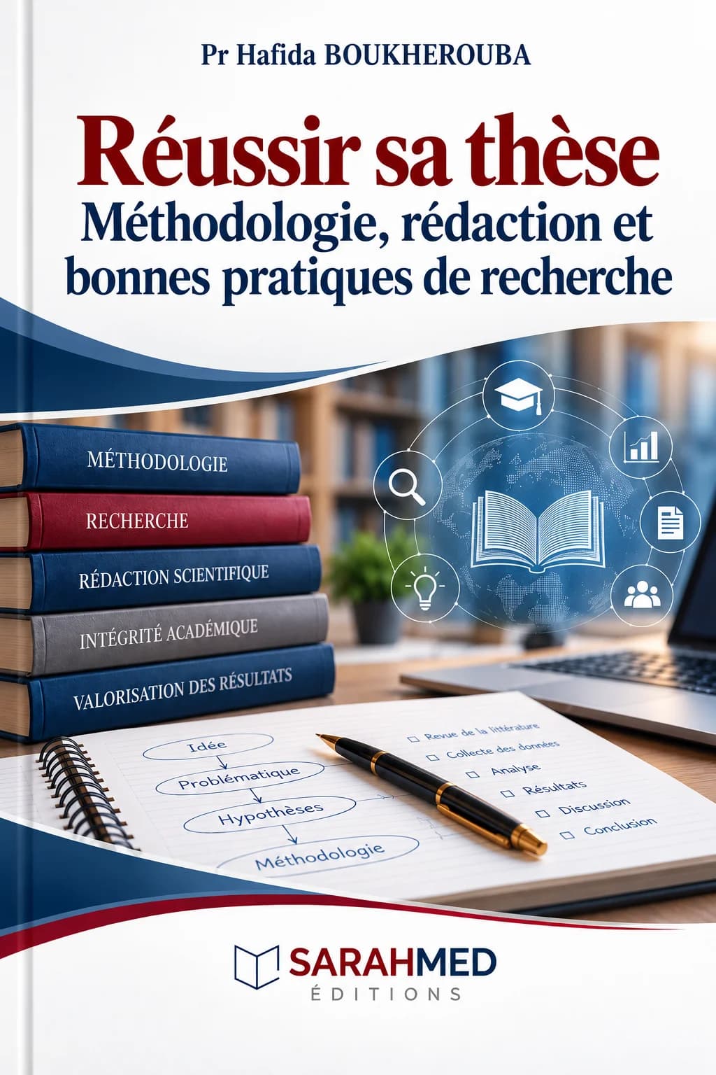 Couverture blanche et bleue du livre « Réussir sa thèse – Méthodologie, rédaction et bonnes pratiques de recherche » de Pr Hafida BOUKHERROUBA. En bas, une pile de livres consacrés à la méthodologie, la recherche, la rédaction scientifique, l’intégrité académique et la valorisation des résultats, devant un carnet de notes, un stylo et un ordinateur. Des icônes de recherche et d’enseignement entourent un livre ouvert. Logo SARAHMED Éditions.